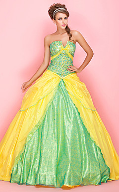 Ball Gown V-neck Strapless Floor-length Tulle Sequined Prom Dress