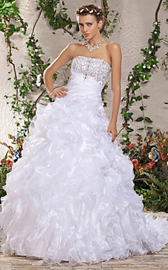 Ball Gown Strapless Chapel Train Beading Side-Draped Ruffles Wedding Dress