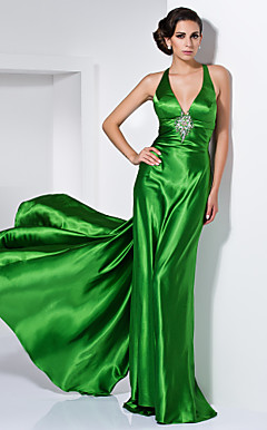 Sheath/Column V-neck Floor-length Stretch Satin Crystal Brooch Evening Dress