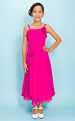 uma linha de cintas de espaguete chá de comprimento chiffon vestido de dama de honra júnior