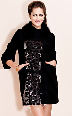 TS Sequin Details Fur Collar Wool Blend Coat