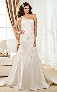 Sheath/Column One Shoulder Chapel Train Taffeta  Wedding Dress