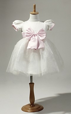 White Chiffon Flower Girl Dress With Pink Bow
