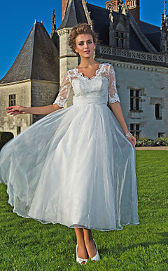 A-line V-neck Ankle-length Organza Lace Wedding Dress