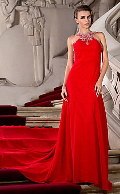 A-line Jewel Court Train Chiffon Evening Dress