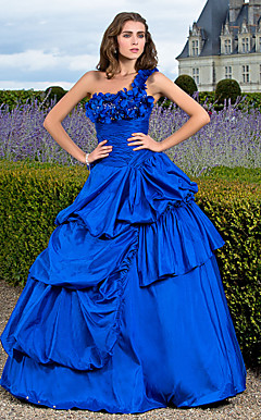 baljurk een schouder vloer-length taffeta avondjurk met pick-up rok en bloem (en)