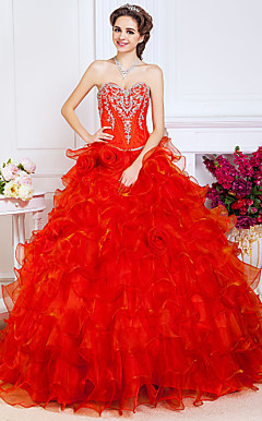 Ball Gown Sweetheart Floor-length Organza Evening Dress With Beading And Flower(s)