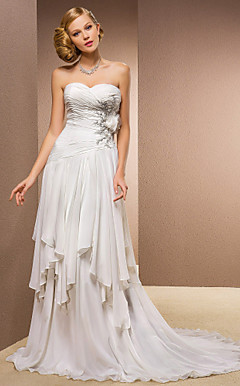 Sheath/Column Sweetheart Court Train Chiffon And Stretch Satin Wedding Dress