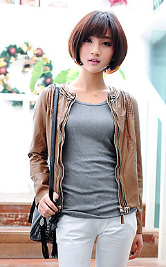 Long Sleeve Collarless PU Casual/Office Jacket