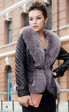 Long Sleeve Fox Fur Shawl Collar Lambskin Leather Casual/Office Jacket