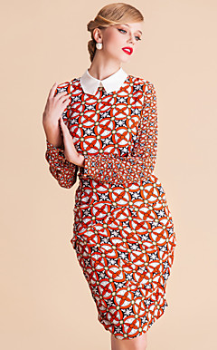 TS Contrast kraag lange mouwen Print Verzameld Dress