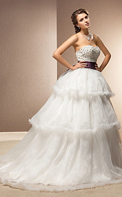 bata de pelota Novia tribunal tren vestido de novia de organza