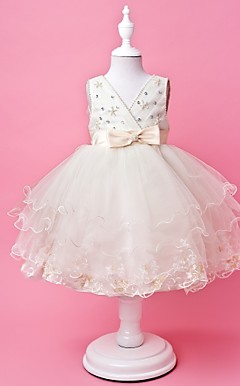Ball Gown V-neck Tea-length Satin and Tulle  Flower Girl Dress