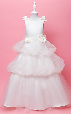 A-line Jewel Floor-length Tulle And Satin Flower Gril Dress