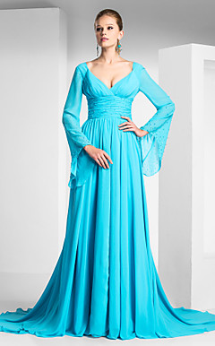 Sheath/Column V-neck Court Train Chiffon Evening Dress