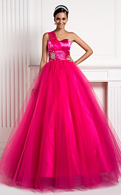 Ball Gown One Shoulder Floor-length Tulle And Stretch Satin Evening Dress