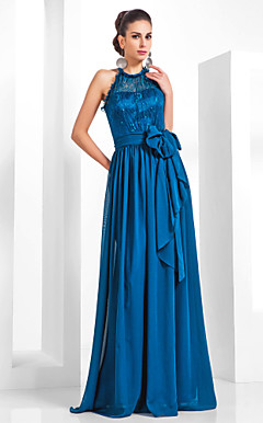 kappe / kolonne halterneck gulvlange chiffon og blonder aftenkjole