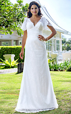Sheath/Column V-neck Sweep/Brush Train Lace Wedding Dress