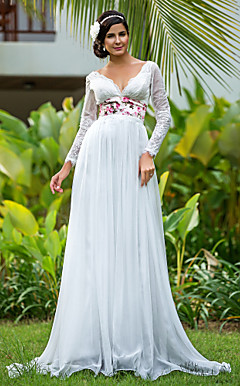 Sheath/Column V-neck Floor-length Chiffon And Lace Wedding Dress