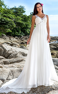 A-line V-neck Chapel Train Chiffon Wedding Dress