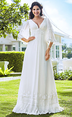 A-line V-neck Floor-length Chiffon Wedding Dress
