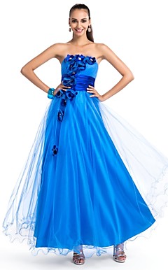 A-line Strapless Floor-length Satin And Tulle Evening Dress