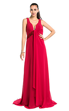 Sheath/Column V-neck Sweep/Brush Train Chiffon Evening Dress