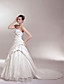  A-line/Princess Strapless Chapel Train Satin Luxury Wedding Dress With Beaded Lace Appliques