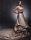 a-line senza spalline cappella treno abito da sposa in raso con nastro