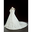 A-line Strapless Chapel Train Satin Plus Size Wedding Dress with Split Front