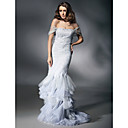 Trumpet/ Mermaid Off-the-shoulder Floor-length Satin And Tulle Evening Dress inspired by Heidi Klum at Golden Globe