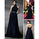 Virginia Madsen A-line Halter Sweep/ Brush Train Tulle Elastic Woven Satin Oscar/ Evening Dress (FSM0669)