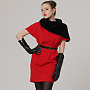 TS Short Sleeves Round Neckline With Belt Black Fur Collar Dress / Women's Dresses