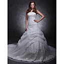 A-line Strapless Cathedral Train Organza Over  Lace Wedding Dress with Split Front