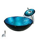 blaue runde Glas Schiff Spülbecken mit Wasserhahn Wasserfall, Einbauring und Wasserablauf (0888-c-Bly-6438-wf)