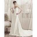 A-line V-neck Court Train Lace Over Satin Wedding Dress