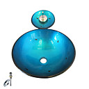 évier rond bleu récipient en verre trempé avec robinet cascade, bague de montage et l'évacuation des eaux (0888-c-blée-6143-wf)