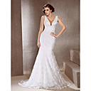 Trumpet/ Mermaid V-neck Sweep/ Brush Train Lace Wedding Dress