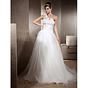A-line One Shoulder Sweep/ Brush Train Organza Satin Wedding Dress