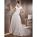 A-line V-neck Short Sleeves Chapel Train Taffeta Wedding Dress