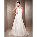 A-line Satin And Lace Wedding Dress With Straps And Court Train