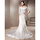 Trumpet/Mermaid V-neck Court Train Elastic Woven Satin And Lace Wedding Dress