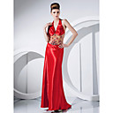 Sheath/Column Halter Sweep/Brush Train Polyester And Tulle Evening Dress