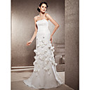 Sheath/Column Strapless Sweep/Brush Train Lace Satin Wedding Dress