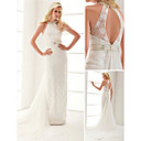 Sheath/ Column Halter Lace Wedding Dress With Removable Watteau Train