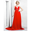 A-line Spaghetti Straps Court Train Elastic Woven Satin Chiffon Evening Dress (FSN0079)