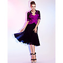 A-line Spaghetti Straps Tea-length Stretch Satin And Tulle Cocktail Dress With A Wrap