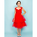 Ball Gown V-Neck tea-lunghezza raso tulle Junior abito da damigella d'onore