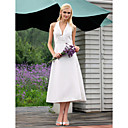 A-line V-neck Tea-length Satin Wedding Dress