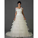 A-line Strapless Chapel Train Lace Tiered Wedding Dress With A Wrap